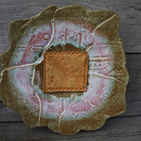 Stoneware patchwork plate with original design bird stamp